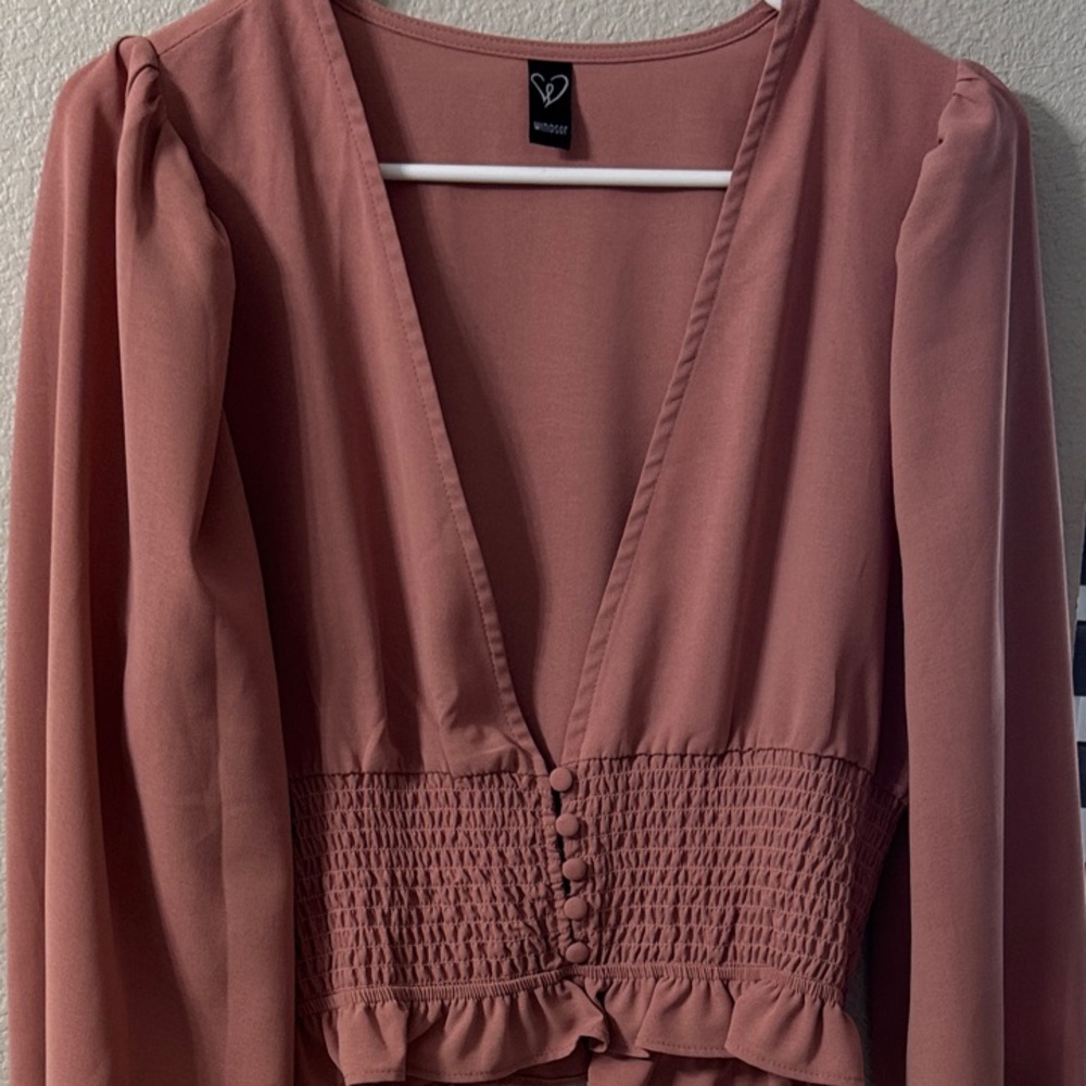 Windsor Rose Mauve Smocked Waist V-Neck Blouse